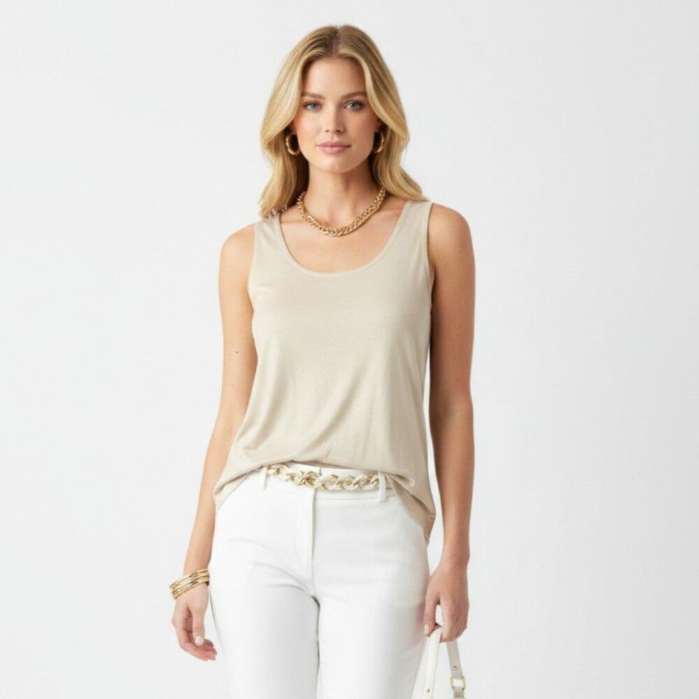 Chico’s Tan Metallic Sheen Basic Sleeveless Microfiber Tank Top 2 L
